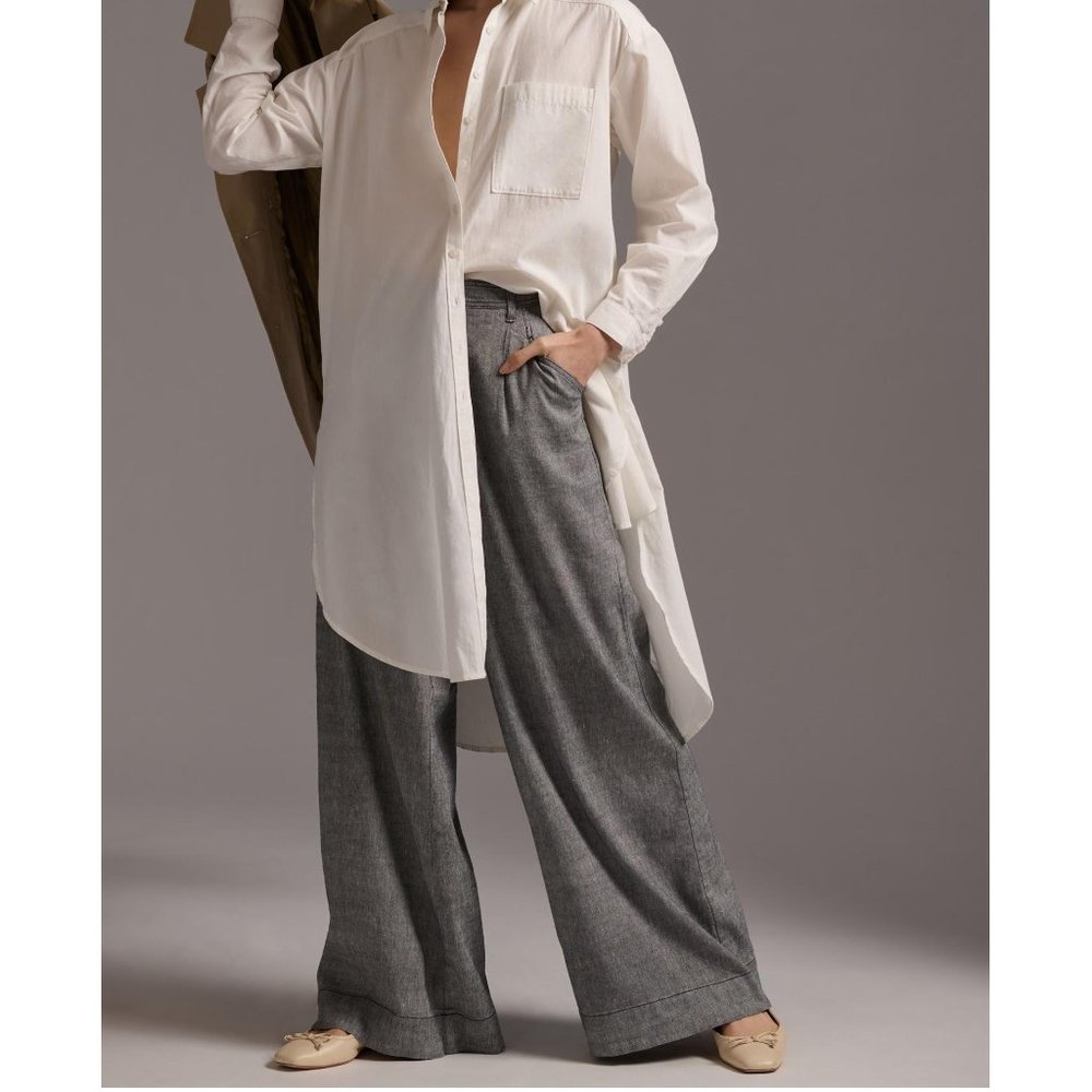 Anthropologie Linen Low-Rise Wide Leg Pants Gray Black - Size 12 - Picture 5 of 15